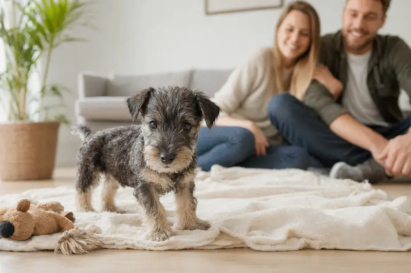 Ein neugieriger Cesky Terrier Welpe entdeckt seine neue, helle Wohnung mit Spielzeug und einer liebevollen Familie im Hintergrund.