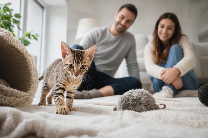 Neugieriges Ceylonkatze Kitten entdeckt sein neues Zuhause mit liebevoller Familie im Hintergrund.
