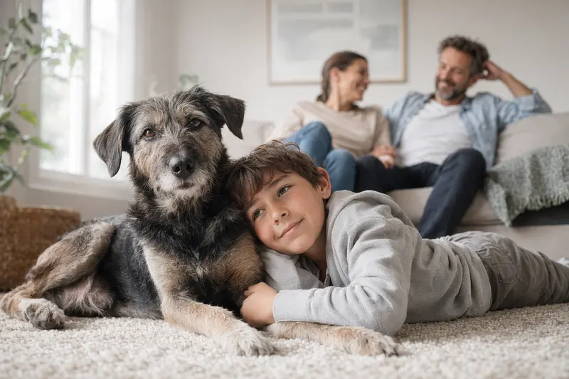 Ein freundlicher Chambray Hund liegt entspannt neben einem Kind im Wohnzimmer und vermittelt eine sichere Familienatmosphäre.