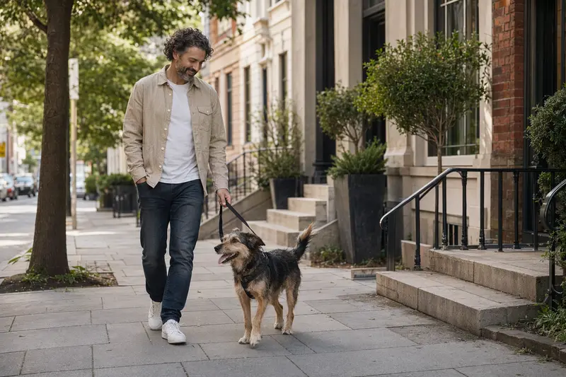 Ein Chambray Hund läuft entspannt an der Leine mit seinem Besitzer durch eine moderne Stadtstraße.