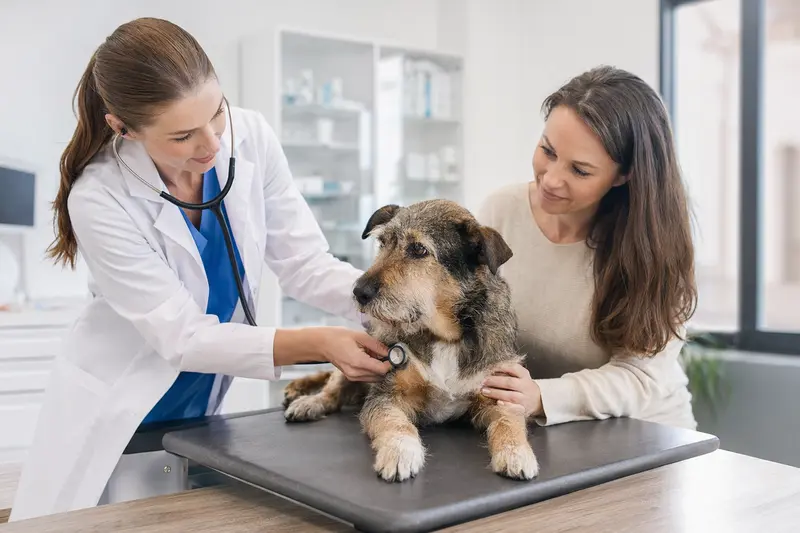 Ein ruhiger Chambray Hund wird von einer freundlichen Tierärztin in einer modernen Praxis mit einem Stethoskop untersucht.