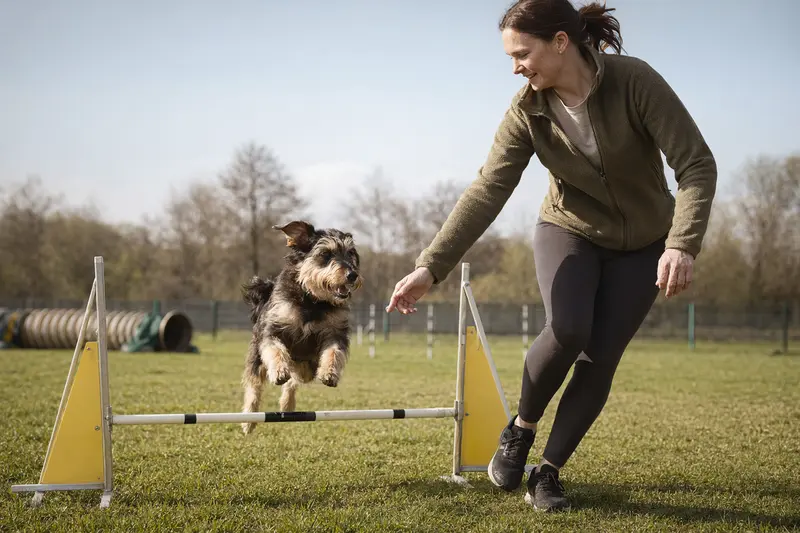 Ein aktiver Hund trainiert mit seinem Besitzer auf dem Hundeplatz über eine kleine Hürde und zeigt dabei Freude an Bewegung.