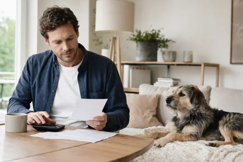 Ein Hundehalter sitzt mit einer Tierarztrechnung am Tisch, während ein entspannter Hund auf einer Decke in der hellen Wohnung liegt – passend zum Thema Hundeversicherung und Tierarztkosten.