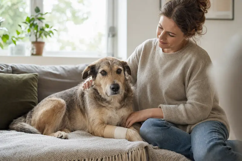 Ein Chambray Hund mit einem leichten Verband an der Pfote liegt entspannt neben seinem erleichterten Besitzer in einer hellen Wohnung.