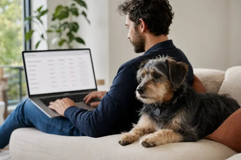 Ein Hundebesitzer arbeitet an seinem Laptop auf dem Sofa, während sein Chambray Hund entspannt daneben sitzt.