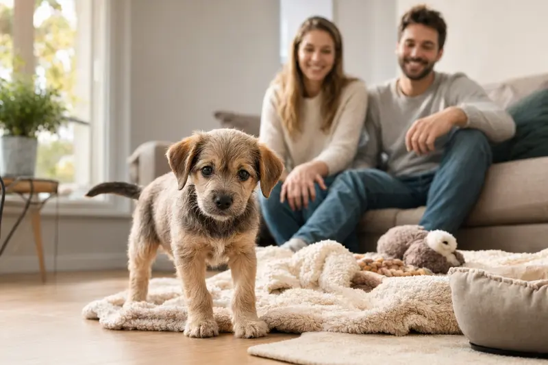 Ein junger Chambray Welpe erkundet neugierig sein neues Zuhause mit Familie im Hintergrund.