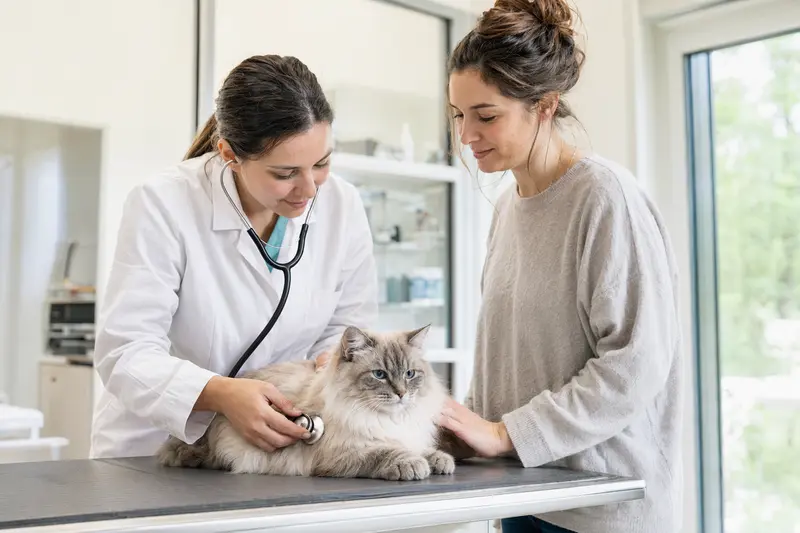 Eine ruhige Chantilly-Tiffany Katze wird sanft von einer Tierärztin mit Stethoskop in einer modernen Praxis untersucht, während der Besitzer beruhigend daneben steht.