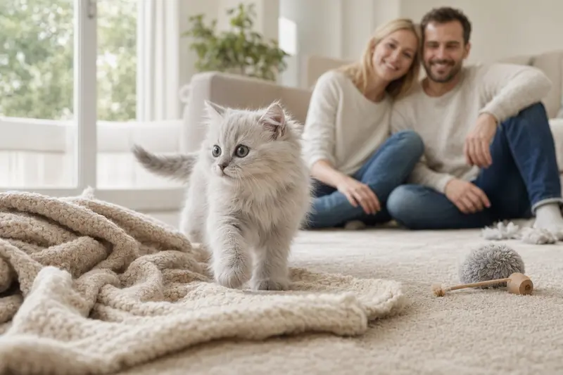 Ein neugieriges Chantilly-Tiffany Katzen Kitten erkundet sein neues Zuhause mit liebevoller Familie im Hintergrund.