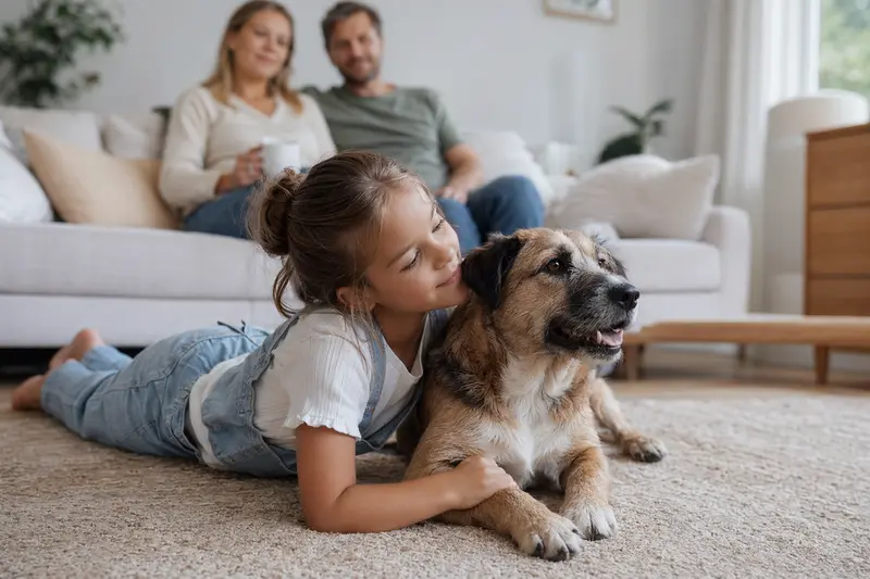 Ein freundlicher Charnegue Hund liegt entspannt neben einem Kind im Wohnzimmer, während die Eltern im Hintergrund eine sichere Familienatmosphäre schaffen.