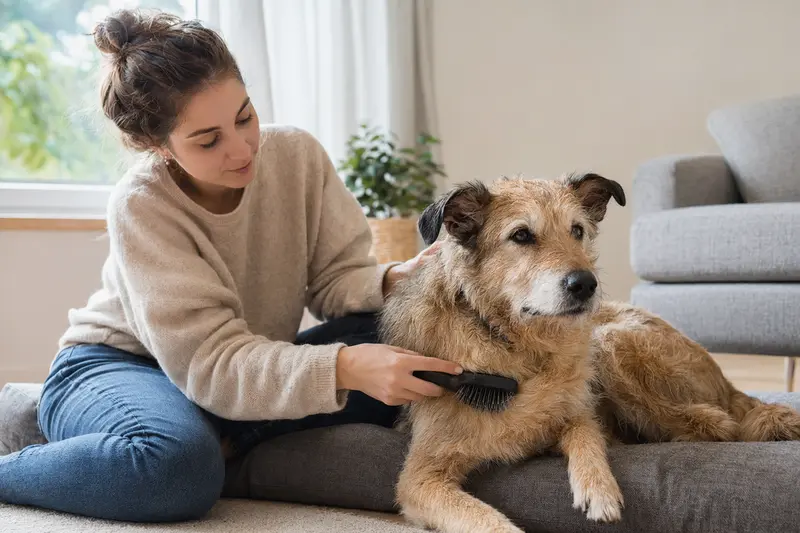 Ein Charnegue Hund wird zuhause sanft gebürstet, während sein Besitzer liebevoll die Fellpflege übernimmt.