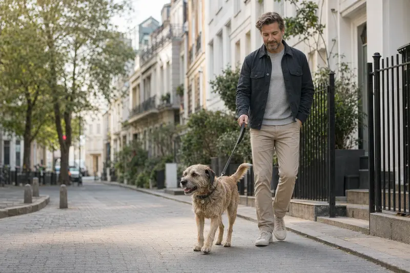 Ein Charnegue Hund läuft angeleint neben seinem Besitzer durch eine moderne Stadtstraße.