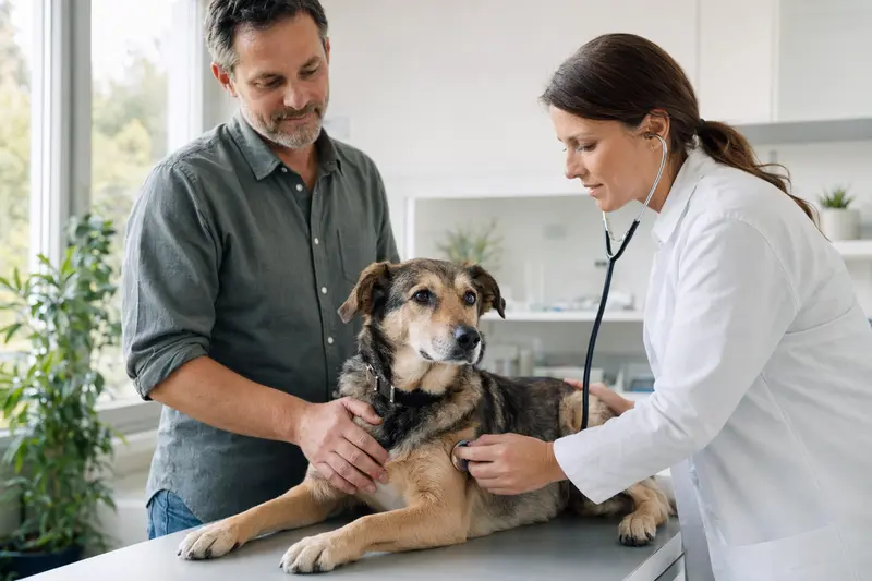 Eine Tierärztin untersucht einen ruhigen Hund mit dem Stethoskop, während der Besitzer beruhigend neben dem Untersuchungstisch steht.