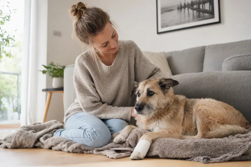 Ein Charnegue-Hund mit leicht verbundenem Pfotenverband liegt ruhig auf einer Decke, während sein Besitzer erleichtert neben ihm sitzt.
