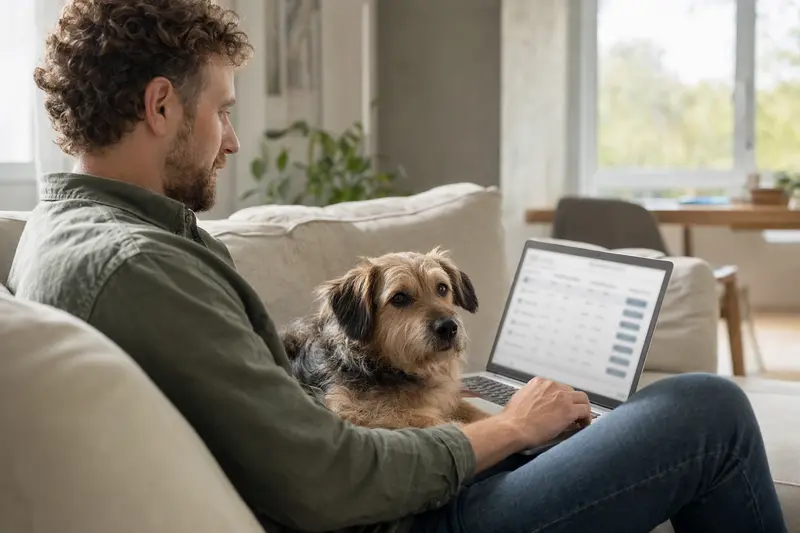 Ein Hund sitzt neben seinem Besitzer auf dem Sofa, während dieser auf seinem Laptop eine Versicherungsvergleichsoberfläche betrachtet und Informationen zu Tierkrankenversicherungen recherchiert.