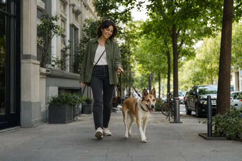 Ein Charnegui Hund läuft an der Leine mit seinem Besitzer entspannt durch eine moderne Stadtstraße.