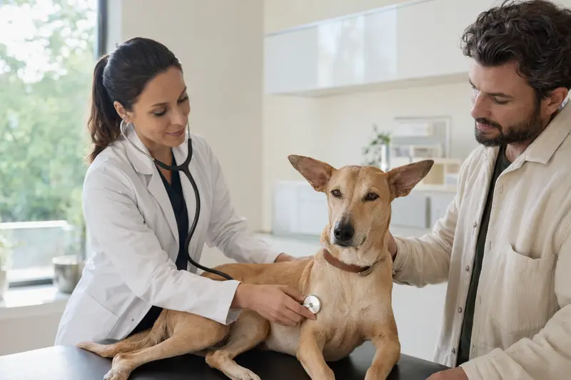 Charnegui Hund wird von einer freundlichen Tierärztin auf einem Untersuchungstisch in einer modernen Tierarztpraxis untersucht.