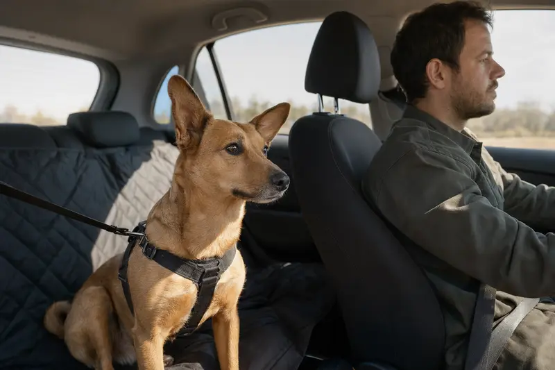 Ein Charnegui Hund sitzt sicher angeschnallt auf der Rückbank eines Autos und genießt die Fahrt bei Sonnenlicht.