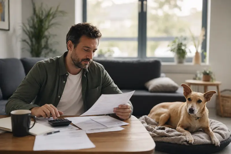 Ein Hundebesitzer sitzt mit einer Tierarztrechnung am Tisch, während ein entspannter Charnegui Hund ruhig auf einer Decke liegt.
