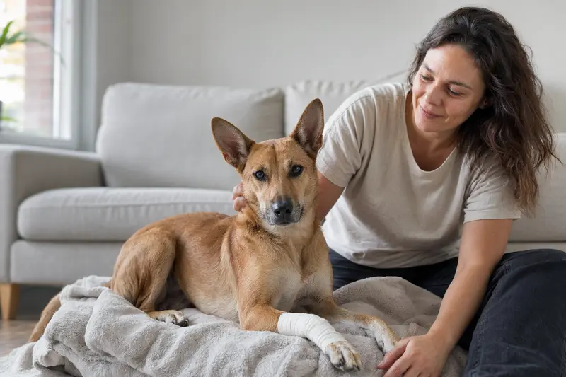 Ein Charnegui Hund mit Verband an der Pfote liegt entspannt auf einer Decke, während sein Besitzer beruhigend daneben sitzt.