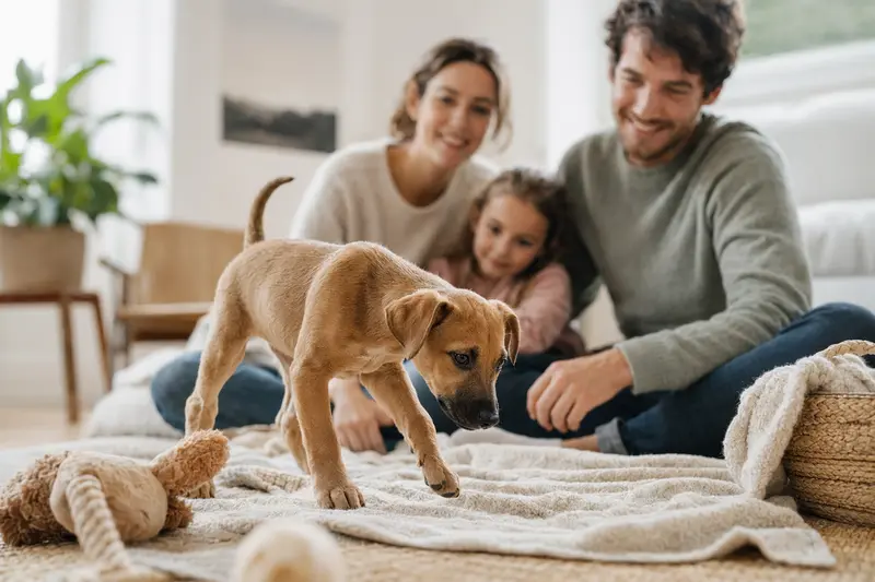 Ein junger Charnegui Welpe erkundet neugierig seine helle Wohnung mit Spielzeug und einer liebevollen Familie im Hintergrund.