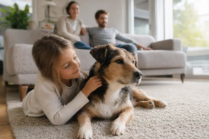 Ein entspannter Chart Polski Hund liegt neben einem Kind im Wohnzimmer und sorgt für eine familiäre, vertrauensvolle Atmosphäre.
