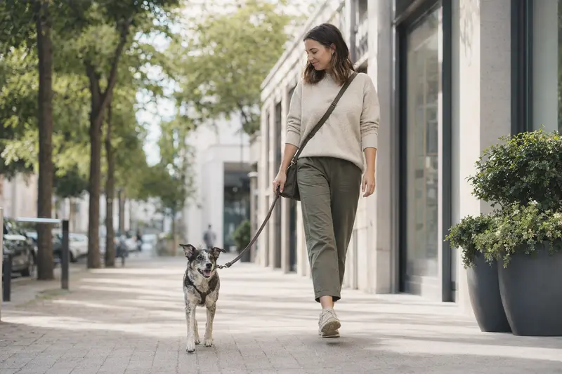 Ein Chart Polski Hund läuft an der Leine mit seinem Besitzer durch eine moderne Stadtstraße.