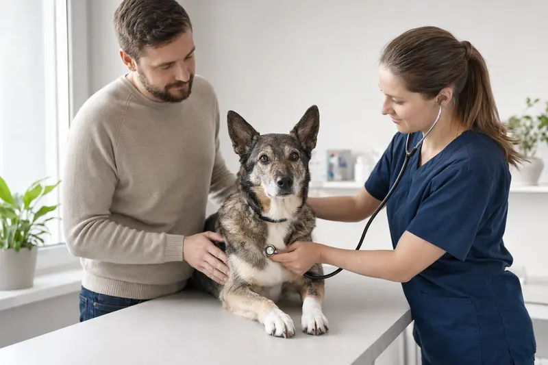 Ein Polski Hund liegt ruhig auf einem Untersuchungstisch, während eine freundliche Tierärztin ihn mit einem Stethoskop untersucht.