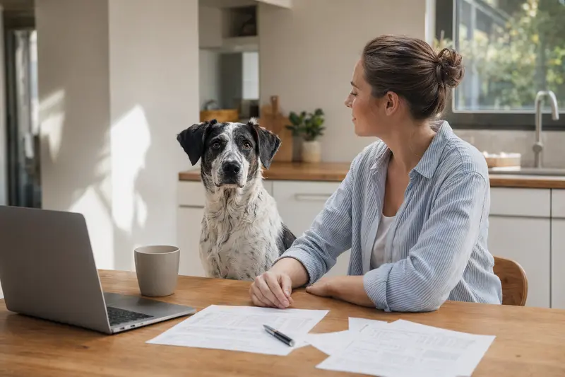 Ein Chart Polski Hund sitzt entspannt neben seinem Besitzer am Küchentisch, während Versicherungsunterlagen und ein Laptop mit Vergleichsinformationen auf dem Tisch liegen.