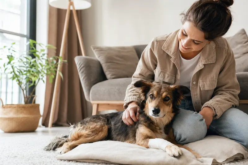 Ein Chart Polski Hund mit Verband an der Pfote liegt entspannt neben seinem erleichterten Besitzer auf einer Decke in einer hellen Wohnung.