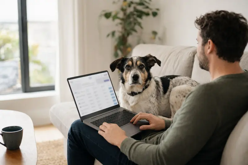Ein mittelgroßer Polski Hund sitzt neben einem Besitzer, der auf einem Laptop auf dem Sofa arbeitet, während eine neutrale Versicherungsvergleichs-Oberfläche im Hintergrund sichtbar ist.