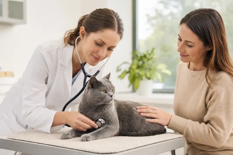 Eine ruhige Chartreux Katze wird von einer freundlichen Tierärztin mit einem Stethoskop in einer modernen Tierarztpraxis untersucht, während der Besitzer beruhigend danebensteht.