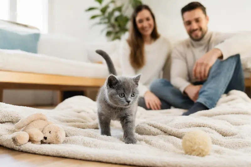 Ein neugieriges Chartreux-Kitten entdeckt seine neue, behagliche Umgebung mit Spielzeug und einer liebevollen Familie im Hintergrund.