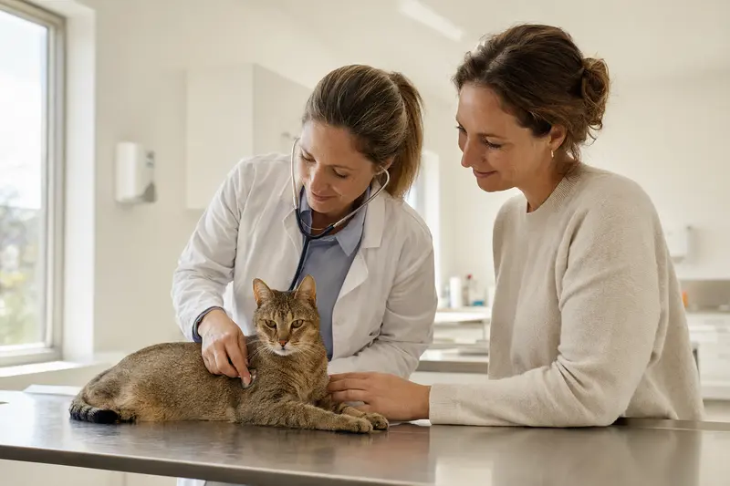 Eine Chausie Katze wird behutsam von einer Tierärztin mit Stethoskop in einer modernen Tierarztpraxis untersucht.