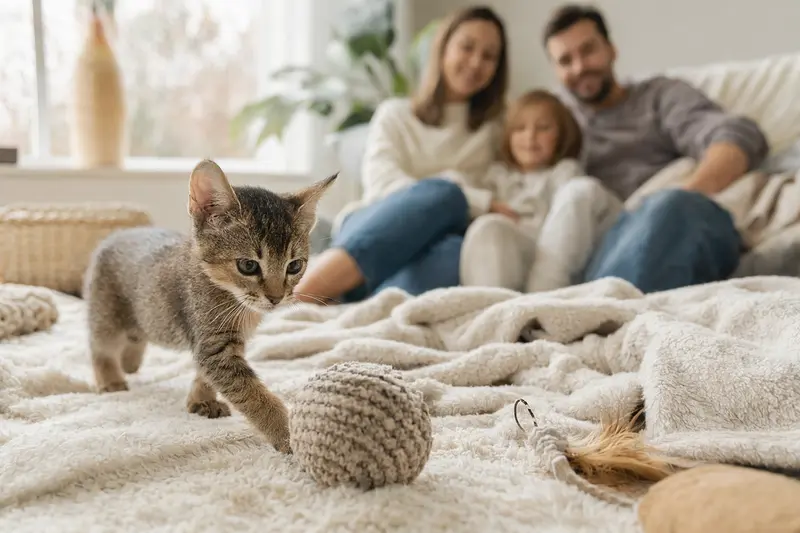 Ein neugieriges Chausie Katzen Kitten erkundet sein neues Zuhause mit einer weichen Decke und Spielzeug, während eine liebevolle Familie im Hintergrund zu sehen ist.