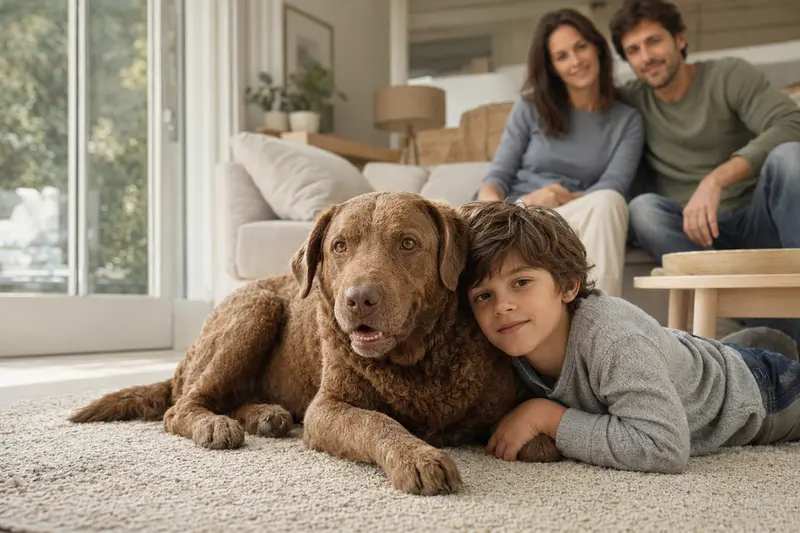 Ein Chesapeake Bay Retriever liegt entspannt neben einem Kind im Wohnzimmer, während die Eltern im Hintergrund eine sichere und vertrauensvolle Familienatmosphäre vermitteln.