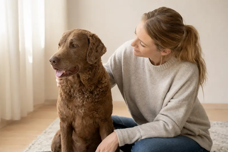 Chesapeake Bay Retriever Hund im professionellen Portrait vor hellem Hintergrund, aufmerksam in natürlicher Haltung.
