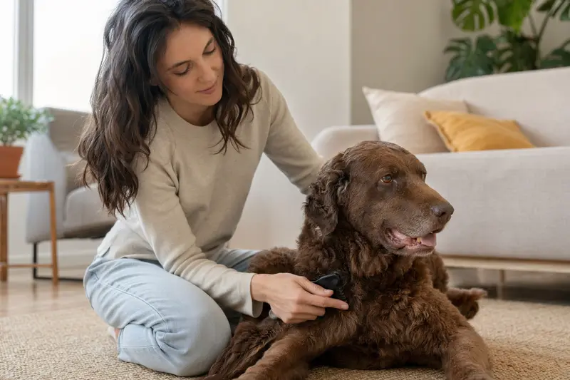 Ein Chesapeake Bay Retriever wird in einer hellen Wohnung sanft gebürstet, während sein Besitzer liebevoll die Fellpflege übernimmt.