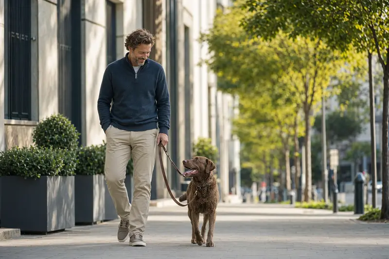 Ein Chesapeake Bay Retriever läuft an der Leine mit seinem Besitzer durch eine freundliche moderne Stadtstraße.