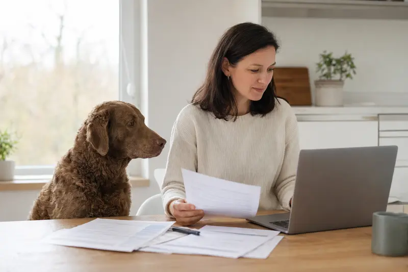 Ein Chesapeake Bay Retriever sitzt ruhig neben seinem Besitzer am Küchentisch, während Versicherungsunterlagen und ein Laptop mit Vergleichsseite zum Thema Hundekrankenversicherung liegen.