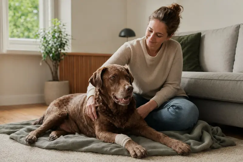 Ein Chesapeake Bay Retriever mit leicht bandagierter Pfote liegt ruhig auf einer Decke, während sein Besitzer erleichtert neben ihm sitzt.