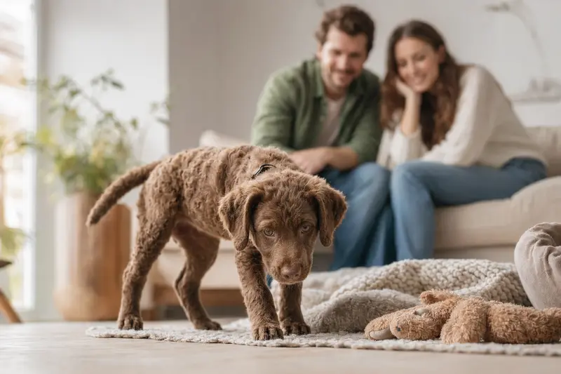 Ein Chesapeake Bay Retriever Welpe erkundet neugierig sein neues Zuhause, umgeben von einer liebevollen Familie.