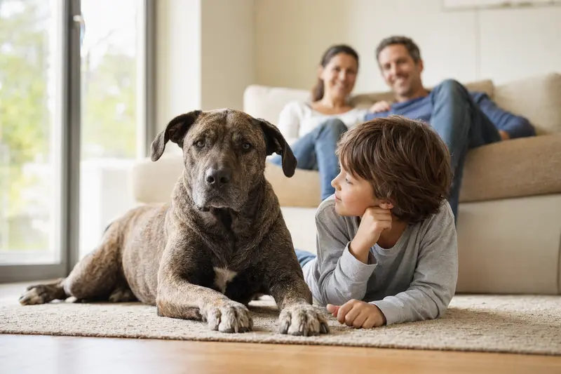 Ein entspannter Chien Corse Hund liegt neben einem Kind im Wohnzimmer und vermittelt eine liebevolle Familienatmosphäre.