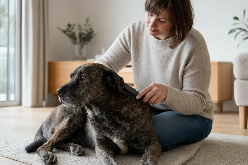 Ein Chien Corse wird in einer hellen Wohnung liebevoll gebürstet, während der Besitzer die Fellpflege ruhig und sorgfältig übernimmt.