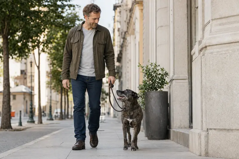 Ein Chien Corse läuft an der Leine mit seinem Besitzer durch eine moderne Stadtstraße in entspannter Alltagssituation.