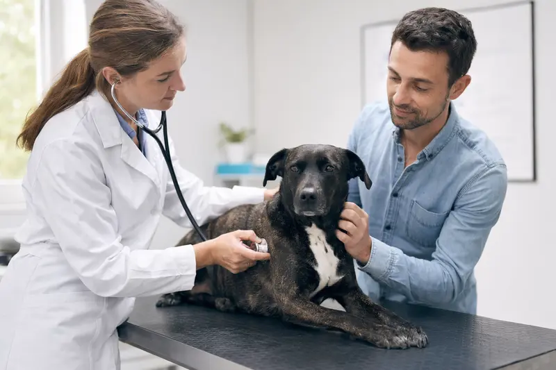 Ein Chien Corse wird behutsam von einer Tierärztin untersucht, während sein Besitzer beruhigend danebensteht.