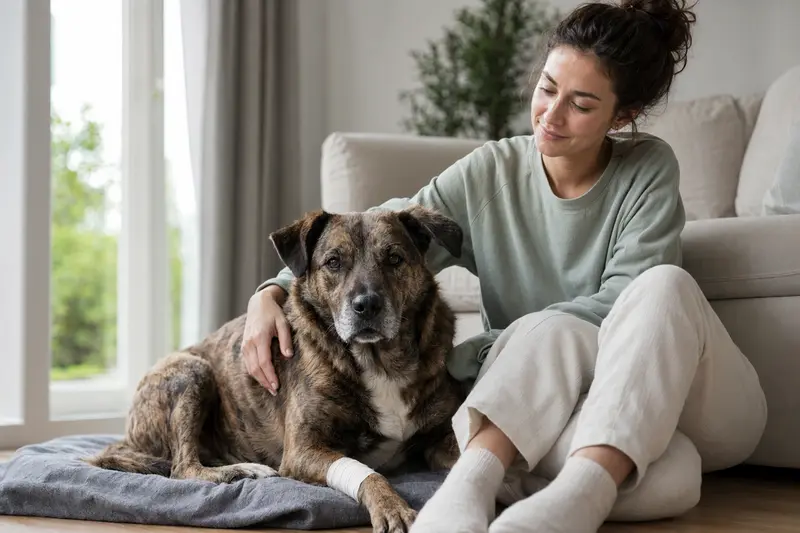 Ein Chien Corse Hund mit einem leichten Verband liegt entspannt auf einer Decke neben seinem Besitzer in einer hellen Wohnung.