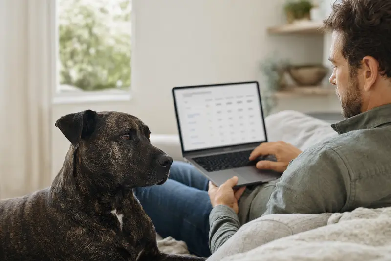 Ein Hund sitzt neben einem Laptop auf einem Sofa, während sein Besitzer eine Versicherungsoberfläche bewertet.