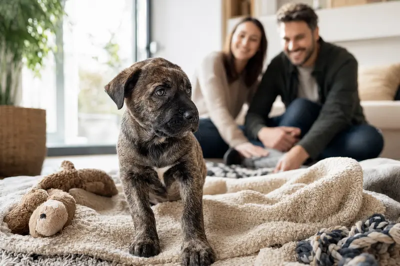 Ein neugieriger Chien Corse Welpe erkundet sein neues Zuhause in einer freundlichen Wohnung mit einer liebevollen Familie im Hintergrund.