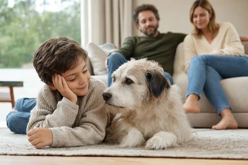 Ein Chien d Artois Hund liegt entspannt neben einem Kind im hellen Wohnzimmer.