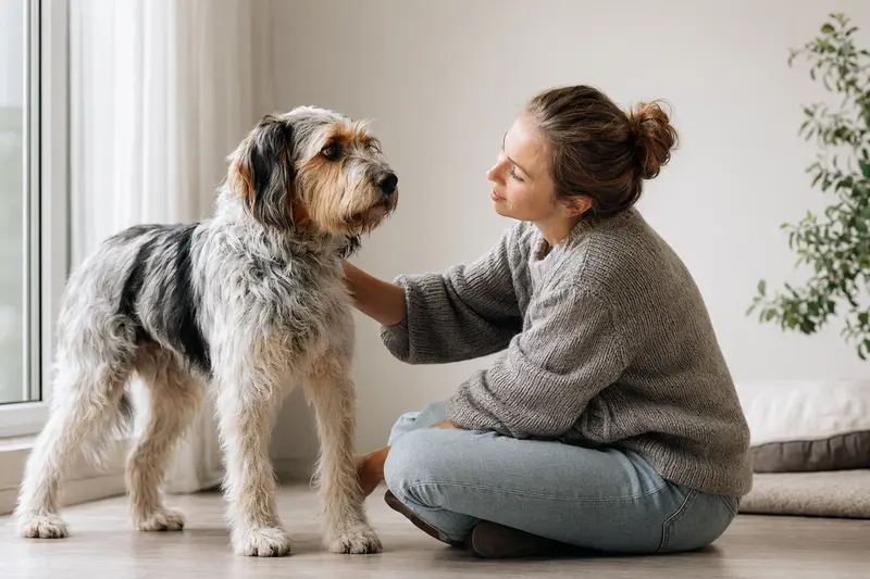 Ein Chien d'Artois Hund steht aufmerksam vor hellem Hintergrund und zeigt als Hundeportrait seine typische Fellstruktur und Körperform.